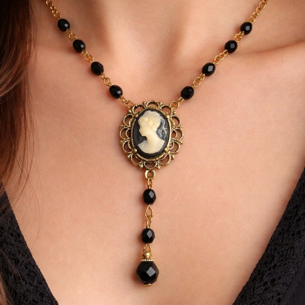1928 Jewelry Cameo Necklace Gold Tone Black Bead Y Drop Victorian Gothic Pendant